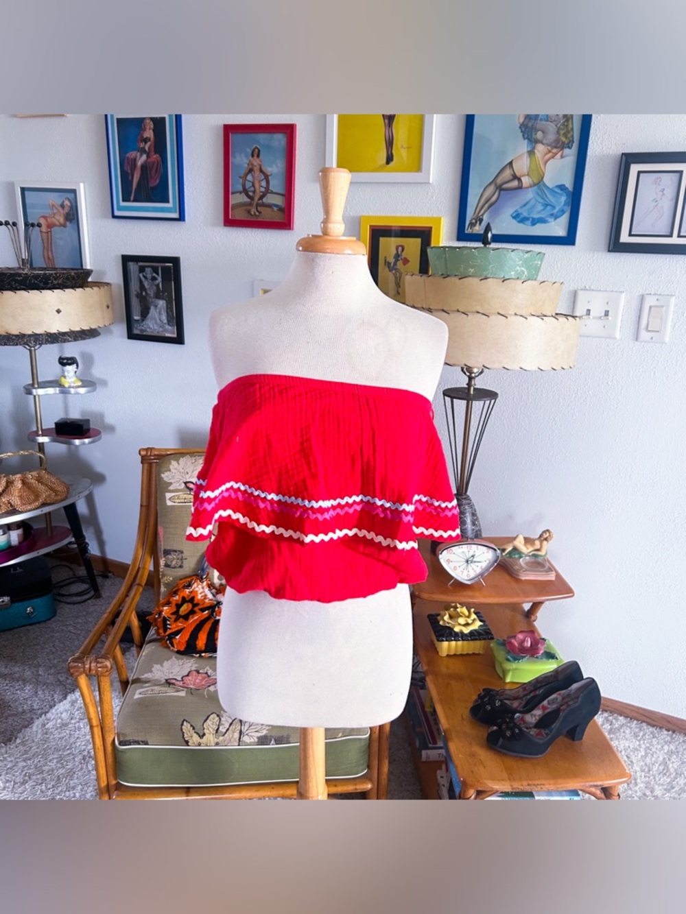 Retro 1950s Style Top | Ruffle | Red | Sleeveless | M L | Rockabilly | 50s